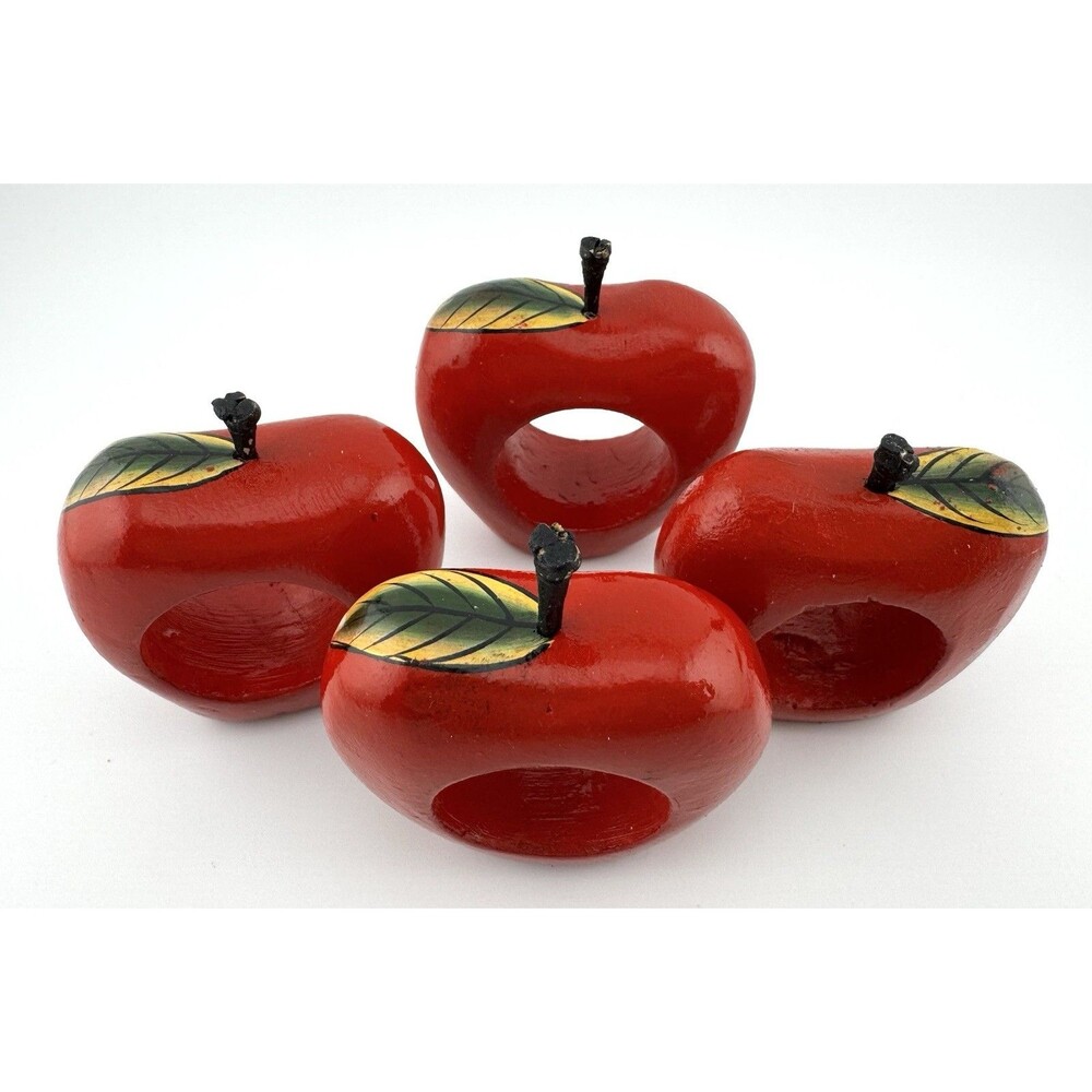 Chadwick Wooden Apple Napkin Rings Set of 4 Red Fruit Table Decor NIB